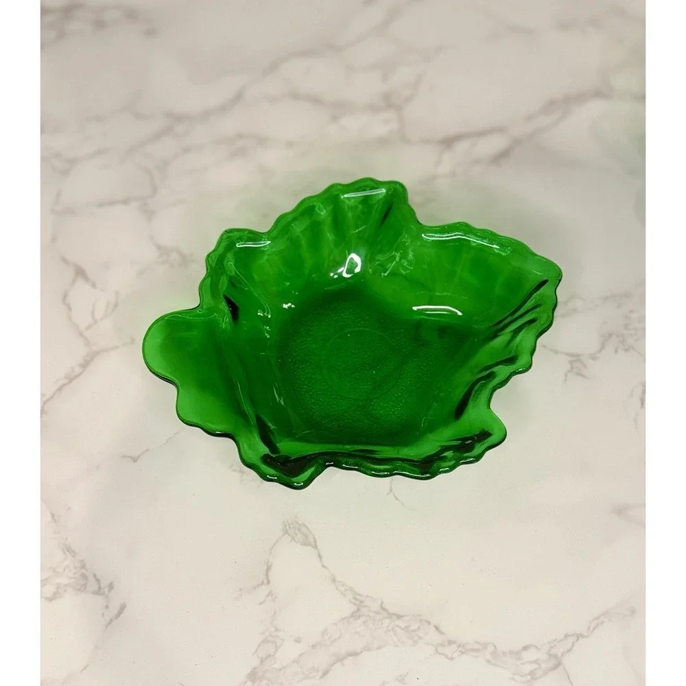 Vintage Emerald Green Glass Leaf Bowls Set of 2 Maple Leaf Trinket Dish Decor